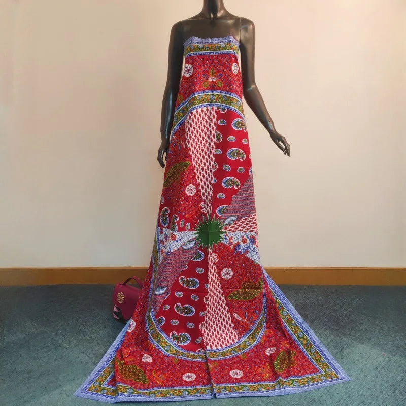 Tissu africain Batik en coton imprimé rouge bleu Java, pour robe, tissu ciré, 6Yards de Long, R2960