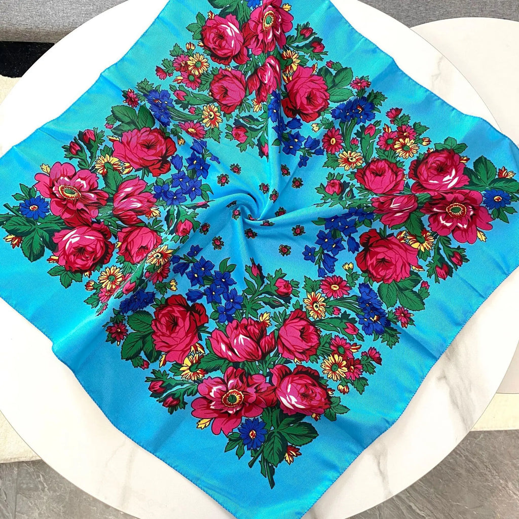 70*70 cm russe Floral carré écharpe femmes de luxe fleur imprimé Bandana bandeau ethnique mouchoir bandeau foulards