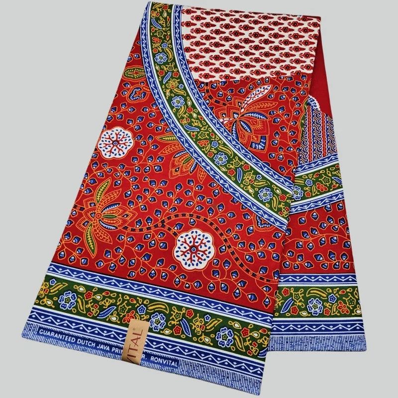 Tissu africain Batik en coton imprimé rouge bleu Java, pour robe, tissu ciré, 6Yards de Long, R2960